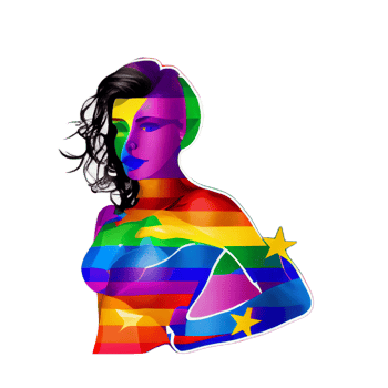 Woman activist for lgbtq rights with rainbow flag, cartoon, transgenders, homosexual, queers diverse people of gay and lesbian community, png