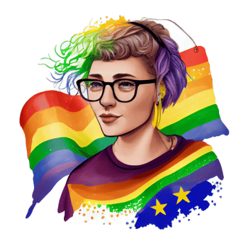 Woman activist for lgbtq rights with rainbow flag, cartoon, transgenders, homosexual, queers diverse people of gay and lesbian community, png