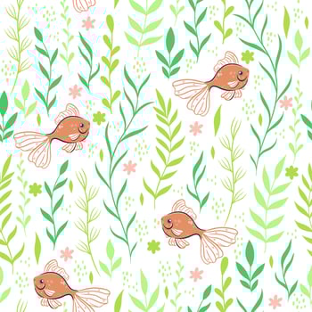 Seamless pattern with fish and algae. Vector graphics.