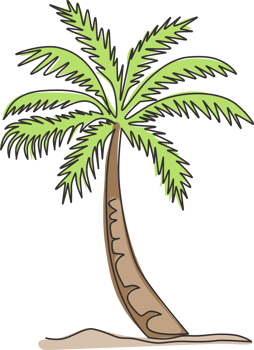 Single continuous line drawing coco nucifera. Decorative coconut palm tree concept for wall decor poster print art and travel vacation tourism campaign. Modern one line draw design vector illustration png