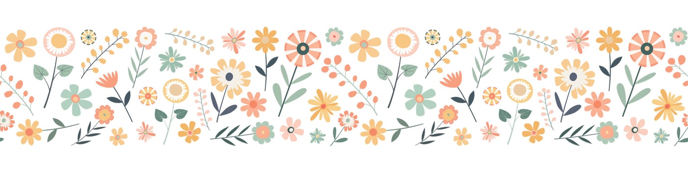 Cartoon pastel floral seamless border pattern. Isolated on white background. Colorful garden flowers in a row. Design for web, labels, and banners vector