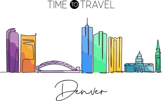 One single line drawing of Denver city skyline, United States. Historical town landscape in the world. Best holiday destination. Editable stroke trendy continuous line draw design vector illustration png
