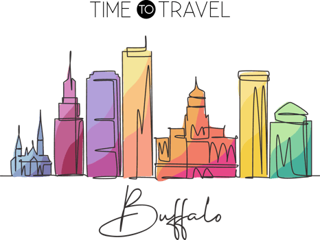 One single line drawing of Buffalo city skyline, United States. Historical town landscape in the world. Best holiday destination. Editable stroke trendy continuous line draw design vector illustration png