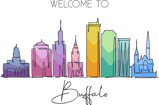 Single continuous line drawing of Buffalo city skyline, USA. Famous city scraper and landscape. World travel concept home wall decor poster print art. Modern one line draw design vector illustration png