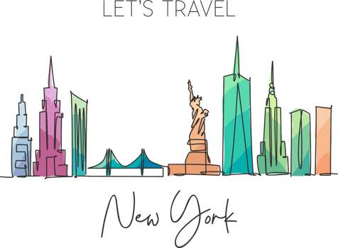 One single line drawing New York city skyline United States. Historical town landscape in world. Best holiday destination poster. Editable stroke trendy continuous line draw design vector illustration png