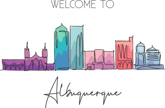 Single continuous line drawing of Albuquerque city skyline, New Mexico. Famous city landscape. World travel concept home wall decor poster print art. Modern one line draw design vector illustration png