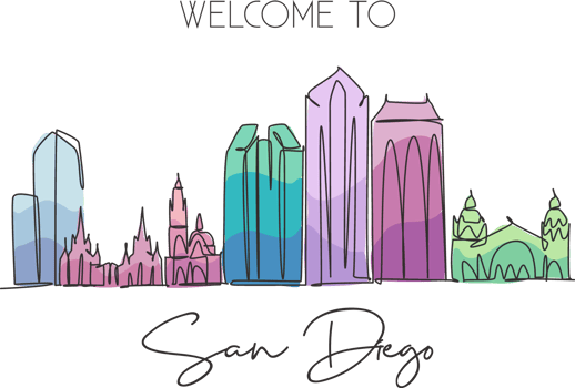 Single continuous line drawing of San Diego city skyline, USA. Famous city scraper and landscape. World travel concept home wall decor poster print art. Modern one line draw design vector illustration png