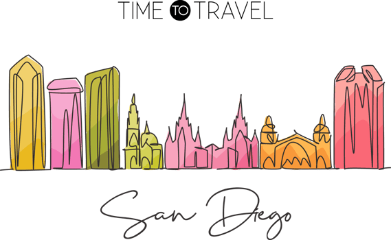 One single line drawing of San Diego city skyline, United States. Historical landscape in world. Best holiday destination poster. Editable stroke trendy continuous line draw design vector illustration png