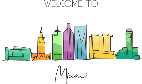 One single line drawing Miami city skyline, United States. Historical town landscape. Best holiday destination home wall decor poster print art. Trendy continuous line draw design vector illustration png