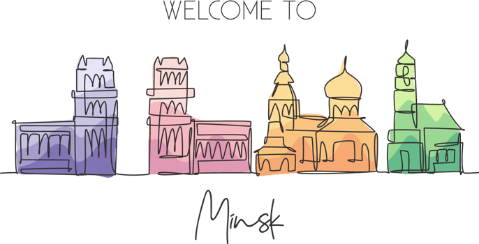 Single continuous line drawing of Minsk city skyline, Belarus. Famous city scraper and landscape home wall decor poster print art. World travel concept. Modern one line draw design vector illustration png