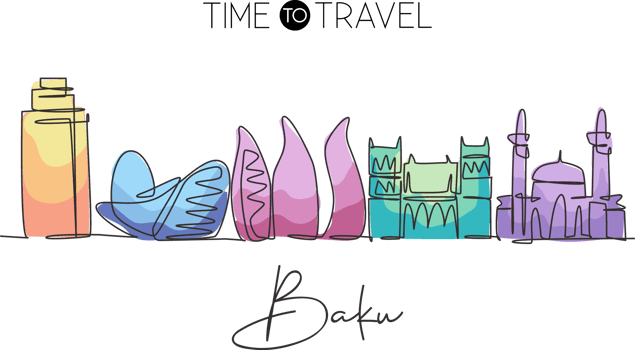 One continuous line drawing of Baku city skyline, Azerbaijan. Beautiful landmark. World landscape tourism travel vacation poster. Editable stylish stroke single line draw design vector illustration png