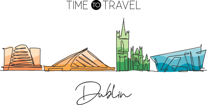 Single continuous line drawing of Dublin city skyline, Republic of Ireland. Famous landscape. World travel concept home wall decor poster print art. Modern one line draw design vector illustration png