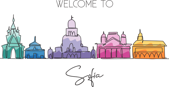 Single continuous line drawing of Sofia city skyline, Bulgaria. Famous city scraper landscape. World travel home wall decor art poster print concept. Modern one line draw design illustration png