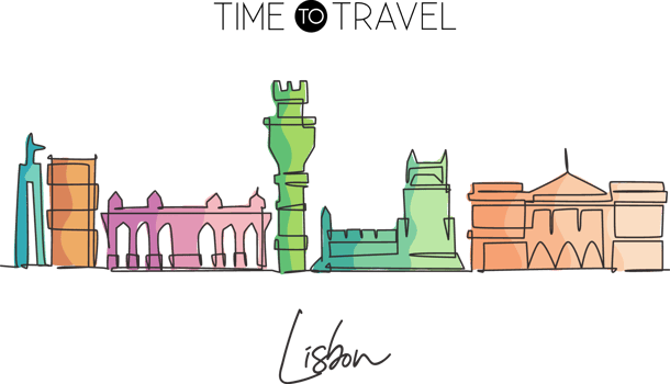 Single continuous line drawing of Lisbon city skyline, Portugal. Famous city scraper landscape. World travel home wall decor concept. Editable stroke modern one line draw design vector illustration png