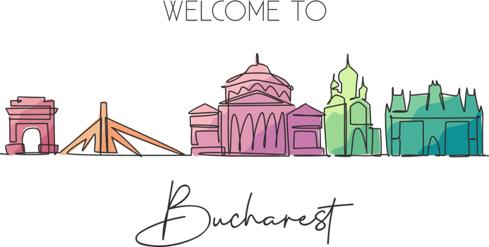 Single continuous line drawing of Bucharest city skyline, Romania. Famous city scraper landscape. World travel home art wall decor poster print concept. Modern one line draw design vector illustration png