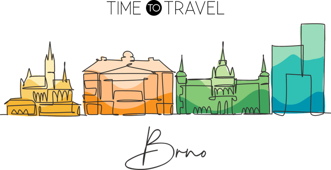 One single line drawing of Brno city skyline, Czech Republic. Historical town landscape in the world. Best holiday destination. Editable stroke trendy continuous line draw design vector illustration png