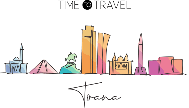 One single line drawing of city Tirana skyline, Albania. Historical town landscape in the world. Best holiday destination poster. Editable stroke trendy continuous line draw design vector illustration png