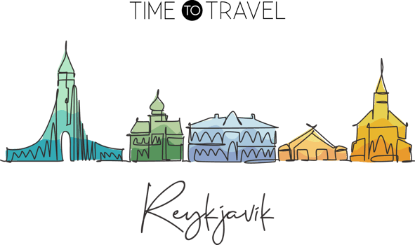 Single continuous line drawing of Reykjavik city skyline, Iceland. Famous city scraper landscape World travel concept home wall decor art poster print. Modern one line draw design vector illustration png