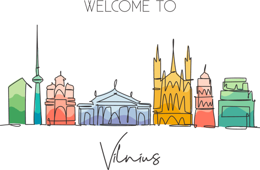 One single line drawing of Vilnius city skyline, Lithuania. Historical town landscape in world. Best holiday destination poster. Editable stroke trendy continuous line draw design vector illustration png