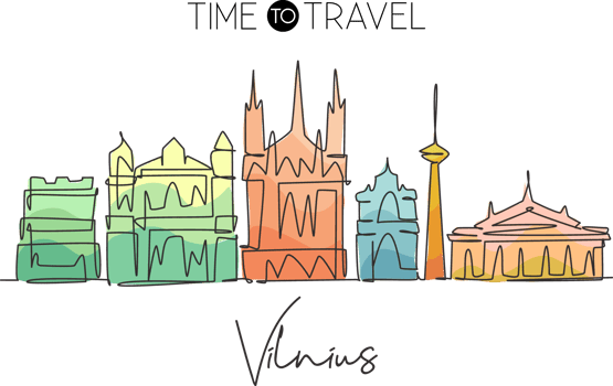 One continuous line drawing of Vilnius city skyline, Lithuania. Beautiful landmark. World landscape tourism travel vacation wall decor poster print. Stylish single line draw design vector illustration png
