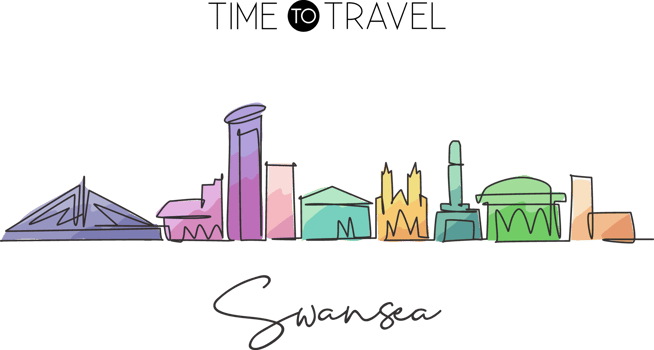 One single line drawing of Swansea city skyline United Kingdom. Historical town landscape in the world. Best holiday destination. Editable stroke trendy continuous line draw design illustration png