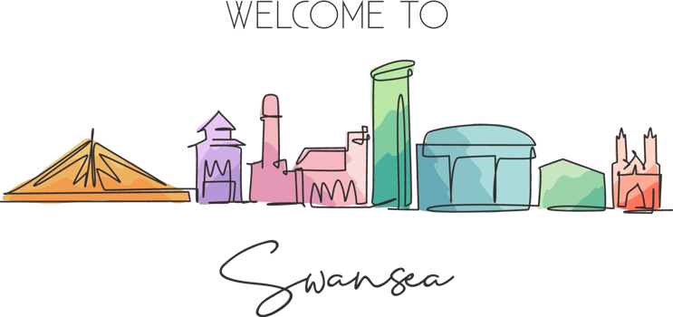 Single continuous line drawing of Swansea city skyline, United Kingdom. Famous city landscape. World travel concept home wall decor poster print art. Modern one line draw design vector illustration png