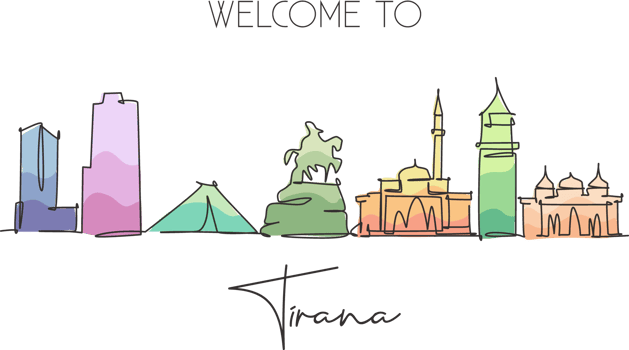 Single continuous line drawing of Tirana city skyline, Albania. Famous city scraper landscape. World travel concept wall decor home art poster print. Modern one line draw design vector illustration png