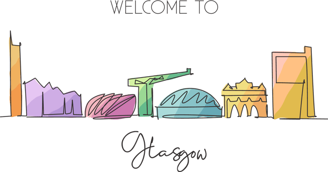 One continuous line drawing of Glasgow city skyline, Scotland. Beautiful landmark. World landscape tourism travel vacation poster. Editable stylish stroke single line draw design vector illustration png