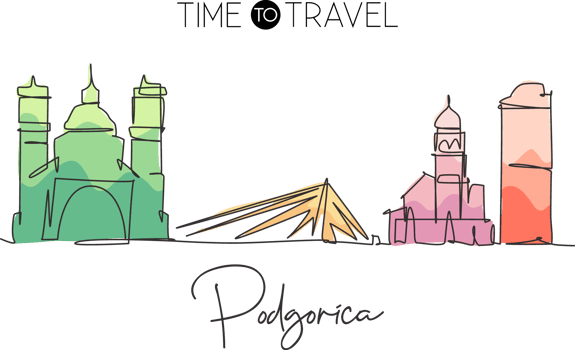 One single line drawing of Podgorica city skyline, Montenegro. Historical town landscape in world. Best holiday destination wall decor poster. Trendy continuous line draw design vector illustration png