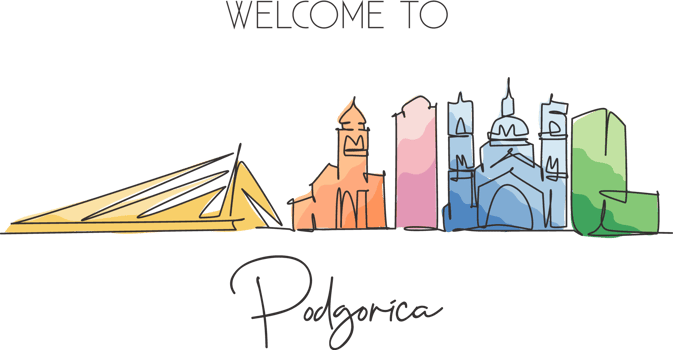 One continuous line drawing of Podgorica city skyline, Montenegro. Beautiful landmark. World landscape tourism travel wall decor poster print art. Stylish single line draw design vector illustration png