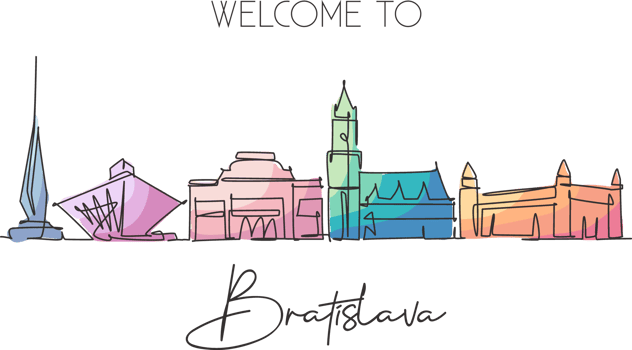 Single continuous line drawing of Bratislava city skyline Slovakia. Famous beauty city landscape. World travel concept home wall decor poster print art. Modern one line draw design vector illustration png