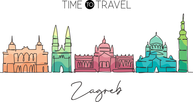 Single continuous line drawing of Zagreb city skyline, Croatia. Famous city scraper landscape. World travel concept poster print home wall decor art. Modern one line draw design vector illustration png