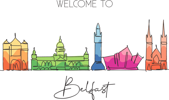 One single line drawing of Belfast city skyline, Northern Ireland. Historical landscape in the world. Best holiday destination. Editable stroke trendy continuous line draw design vector illustration png