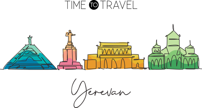 Single continuous line drawing of Yerevan city skyline, Armenia. Famous city scraper and landscape. World travel concept home wall decor poster print. Modern one line draw design vector illustration png