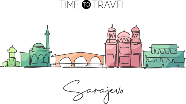 One continuous line drawing of Sarajevo city skyline, Bosnia and Herzegovina. Beautiful landmark. World landscape travel vacation. Editable stylish stroke single line draw design vector illustration png