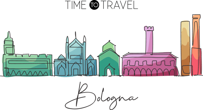 One single line drawing of Bologna city skyline, Italy. Historical skyscraper landscape in world. Best holiday destination wall decor poster art. Trendy continuous line draw design vector illustration png