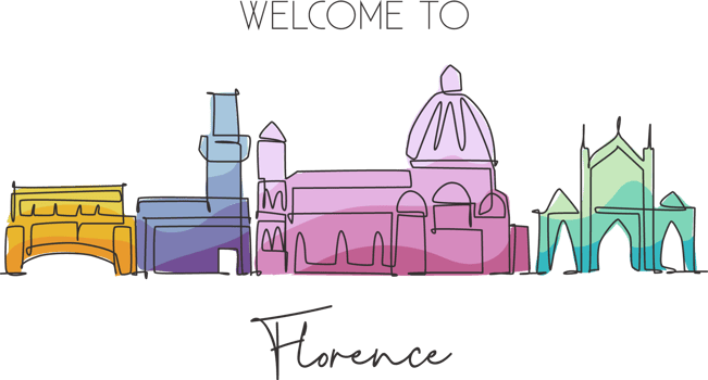 One single line drawing of Florence city skyline, Italy. Historical skyscraper landscape in world. Best holiday destination wall decor poster. Trendy continuous line draw design vector illustration png