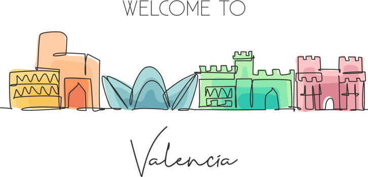 Single continuous line drawing of Valencia city skyline, Spain. Famous skyscraper and landscape postcard. World travel wall decor poster print concept. Modern one line draw design vector illustration png