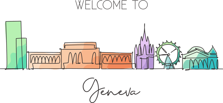 Single continuous line drawing of Geneva city skyline, Switzerland. Famous skyscraper landscape postcard. World travel wall decor poster print concept. Modern one line draw design vector illustration png