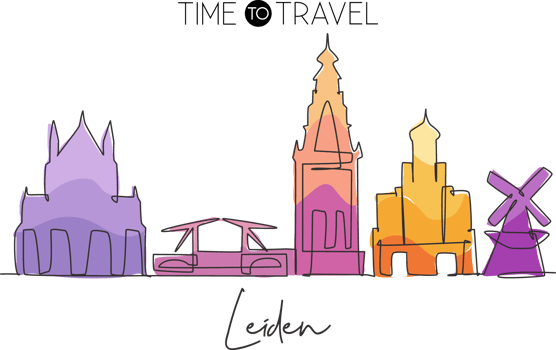 One single line drawing of Leiden city skyline, Netherlands. Historical skyscraper landscape in world. Best holiday destination wall decor poster print. Continuous line draw design vector illustration png