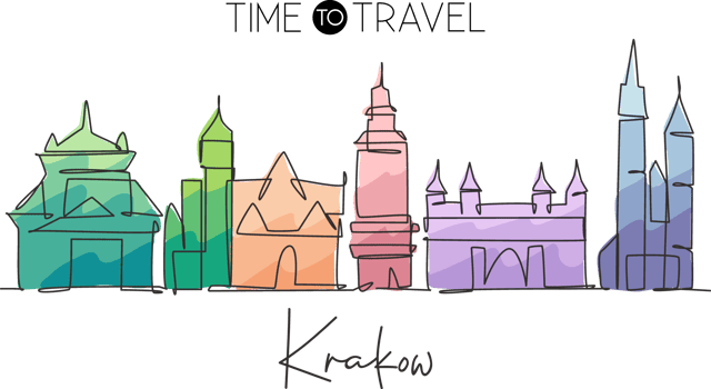 Single continuous line drawing of Krakow city skyline, Poland. Famous skyscraper landscape postcard. World travel concept home wall decor art. Editable modern one line draw design vector illustration png