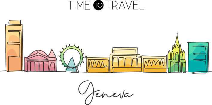 One single line drawing of Geneva city skyline, Switzerland. Historical landscape in world. Best holiday destination wall decor poster. Editable trendy continuous line draw design vector illustration png