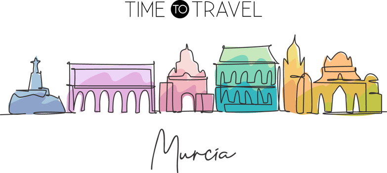 Single continuous line drawing of Murcia city skyline, Spain. Famous city skyscraper landscape postcard. World travel wall decor poster print concept. Modern one line draw design vector illustration png