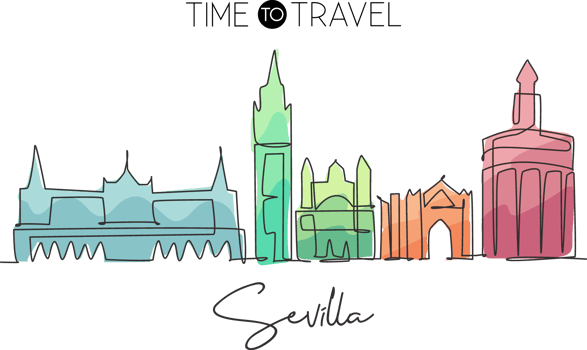 One single line drawing of Sevilla city skyline, Spain. Historical skyscraper landscape in world postcard. Best holiday destination wall decor poster. Continuous line draw design vector illustration png