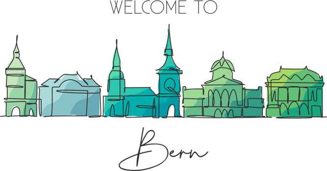 One continuous line drawing of Bern city skyline, Switzerland. Beautiful city skyscraper postcard. World landscape tourism travel wall decor poster. Stylish single line draw design vector illustration png