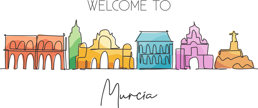 One single line drawing Murcia city skyline Spain. Historical skyscraper landscape in world postcard. Best holiday destination wall decor poster. Trendy continuous line draw design vector illustration png