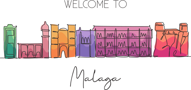 One continuous line drawing Malaga city skyline, Spain. Beautiful skyscraper. World landscape tourism travel vacation wall decor poster art concept. Stylish single line draw design vector illustration png