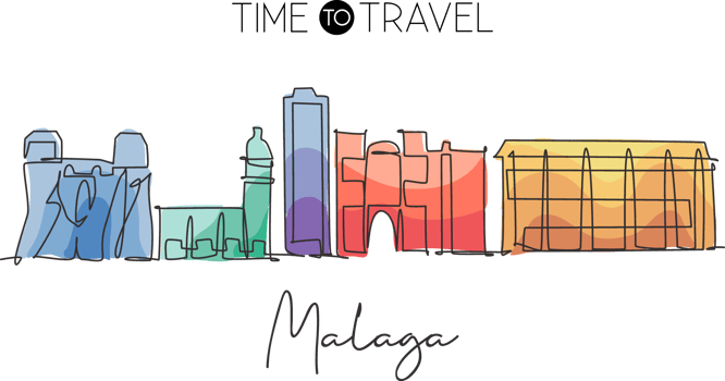 Single continuous line drawing of Malaga city skyline, Spain. Famous city skyscraper landscape postcard. World travel wall decor poster print concept. Modern one line draw design vector illustration png