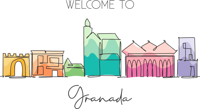 One continuous line drawing of Granada city skyline, Spain. Beautiful skyscraper. World landscape tourism travel vacation concept wall decor poster. Stylish single line draw design vector illustration png