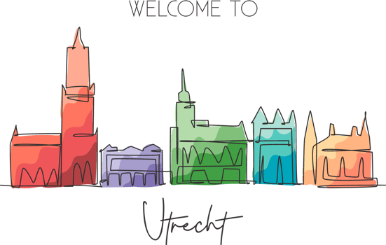 One single line drawing of Utrecht city skyline,Netherlands. Historical landscape in world postcard. Best holiday destination wall decor poster. Trendy continuous line draw design vector illustration png